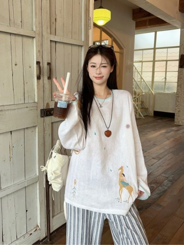 Actual shot ~ Lace loose straight cotton and linen striped wide-leg pants + casual loose cartoon embroidered long-sleeved T-shirt