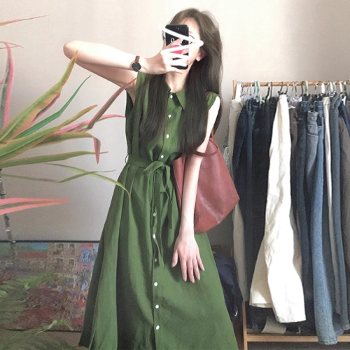 Original method French green lapel sleeveless dress for women summer retro temperament single-breasted long dress