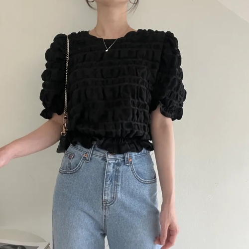 Size update Summer fashion niche design textured wrinkled high-waist puff sleeve round neck crop top