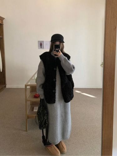 2024 Imitation Lamb Wool Warm Sleeveless Vest Jacket Women's Winter New Mid-Length Loose Waistcoat Vest