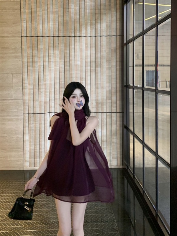 Real-stock purple sleeveless streamer chiffon blouse see-through top women's camisole two-piece set