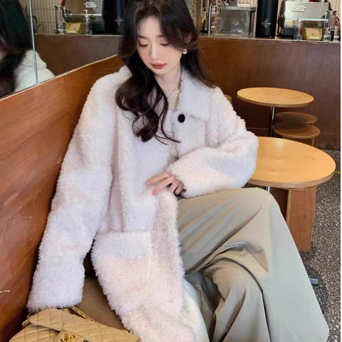 2024 new autumn clothing Korean style winter mid-length lamb velvet slim simple versatile simple coat jacket for women