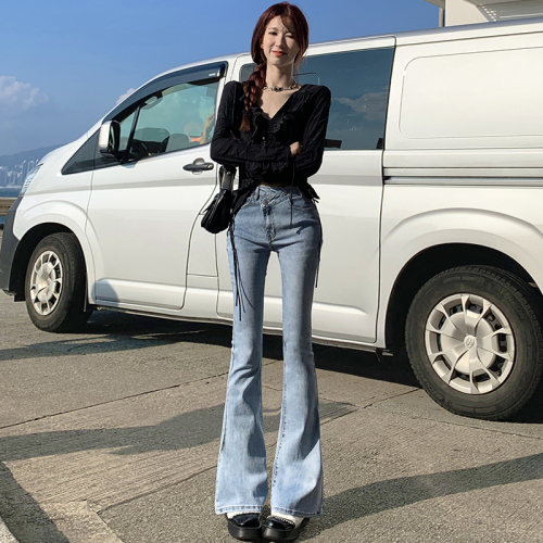 实拍24th ootd!美式辣妹小众设计不规则斜腰带显瘦微喇弹力牛仔裤