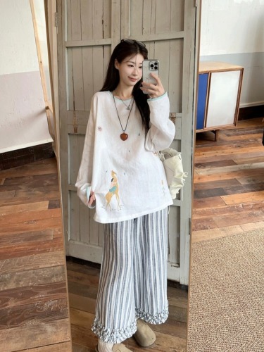 Actual shot ~ Lace loose straight cotton and linen striped wide-leg pants + casual loose cartoon embroidered long-sleeved T-shirt