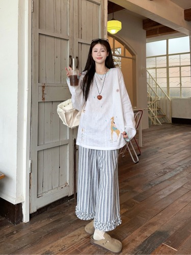 Actual shot ~ Lace loose straight cotton and linen striped wide-leg pants + casual loose cartoon embroidered long-sleeved T-shirt