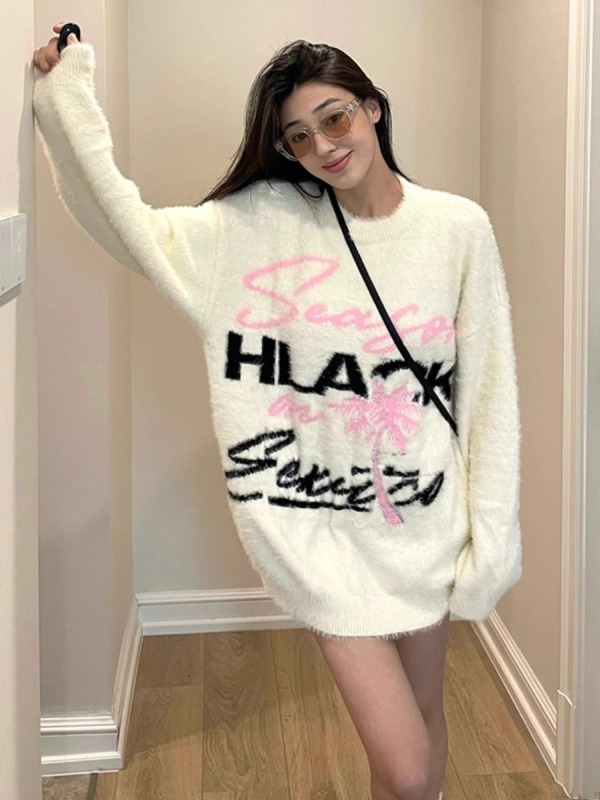 Imitation mink 100% nylon lazy style soft and fluffy sweater women's autumn and winter new letter jacquard round neck long sleeve knit 