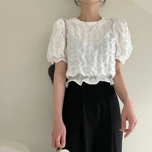 Size update Summer fashion niche design textured wrinkled high-waist puff sleeve round neck crop top