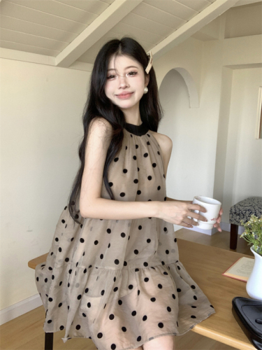 Polka-dot flocking dress with western style, slim and loose halter neck dress for small people