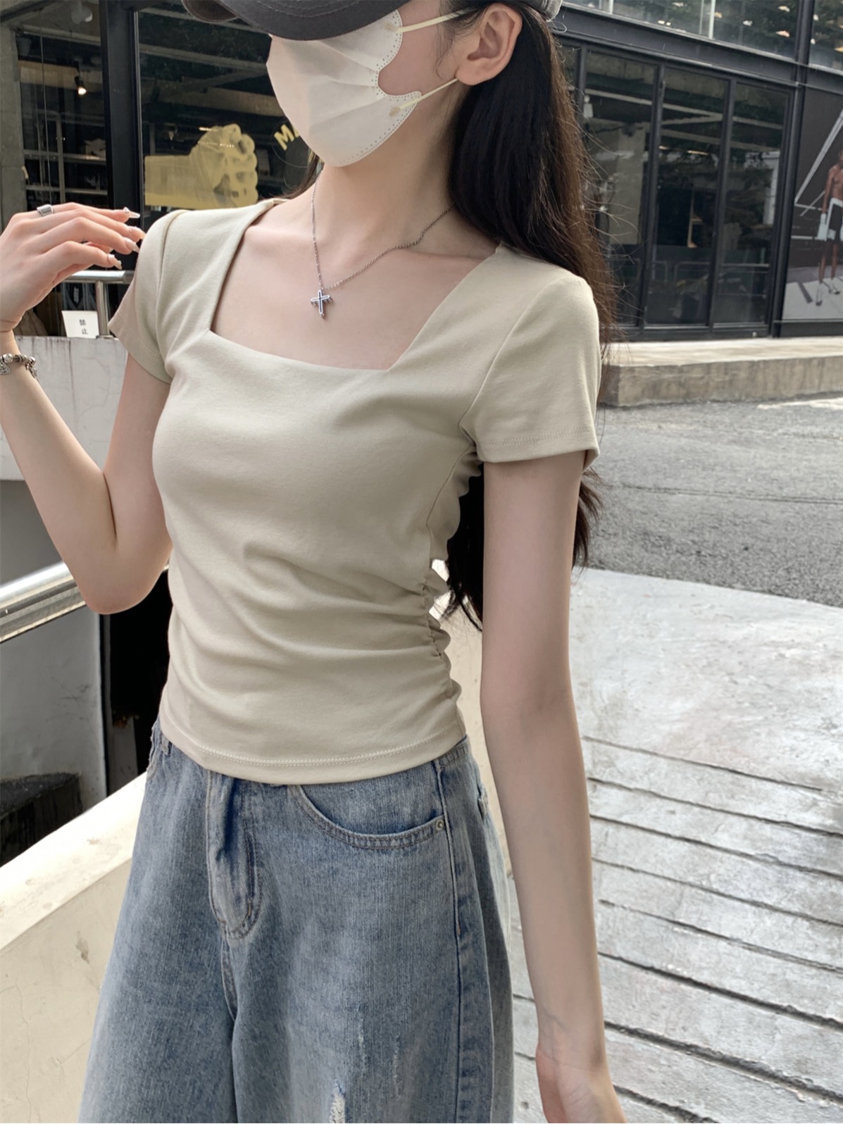 Actual shot of summer Korean style double-layer square collar slim-fit pleated design versatile pure cotton short-sleeved T-shirt top for women