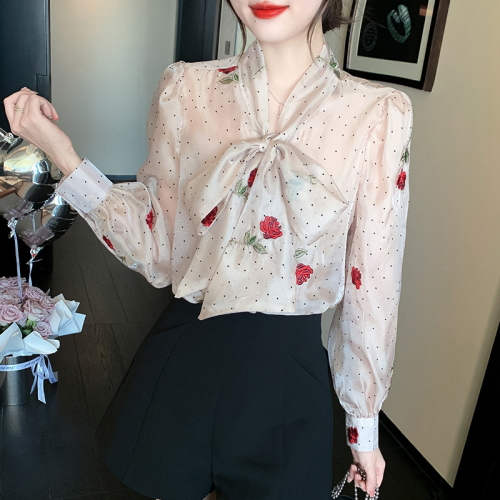 Already shipped, real shot 2024 autumn new heavy industry embroidered temperament lantern sleeve shirt super fairy shirt for women