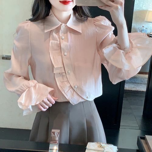 Already shipped real shot 2024 new design chiffon shirt shirt long-sleeved top western style small shirt for women