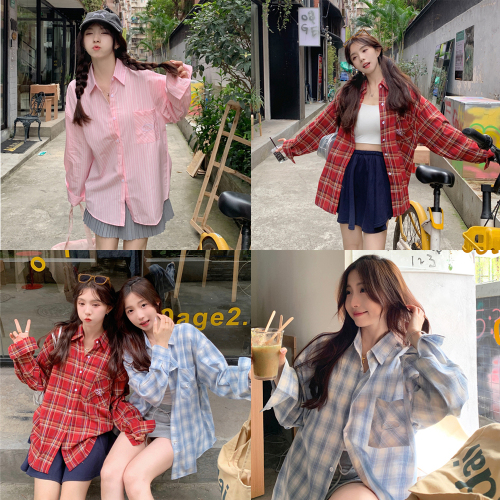 Actual shot of Korean retro all-match plaid shirt for women in all seasons 2024 new design niche striped shirt jacket