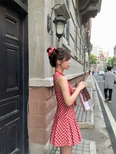 Sweet and Spicy Strawberry Red and White Checkered A-Line Sleeveless Dress + Two-piece Set with Headband