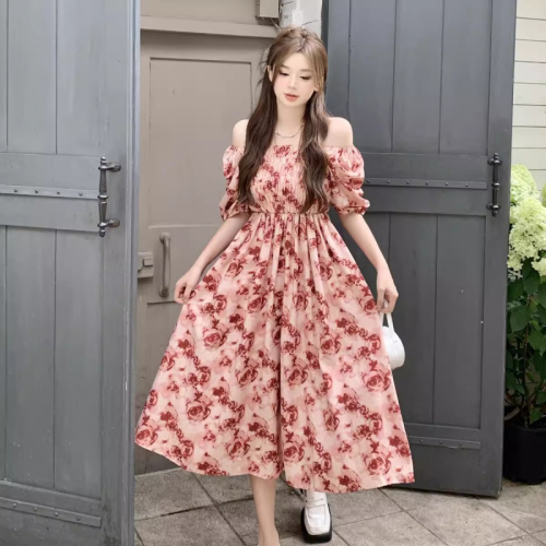 French Chic Dress Summer Women's Ink Smudged Rose Pleated Waist Floral A-Line Mid-Length Skirt