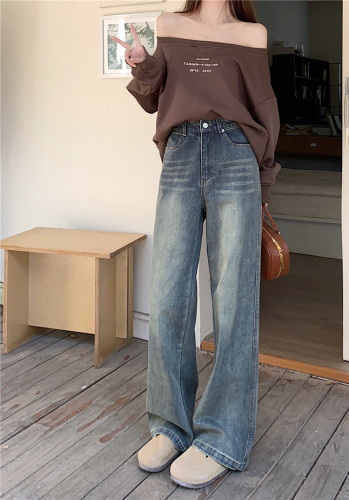 Real shot!  Retro distressed jeans for women, Korean version, loose, leg-lengthening, high-waisted straight floor-length trousers