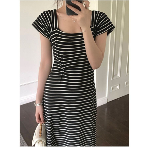 2024 Summer Temperament Waist Slimming Long Skirt French Square Collar Commuting Fashionable Striped Knitted Dress