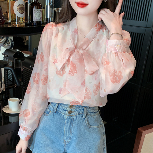 Real shot floral chiffon shirt women's long sleeve 2024 new style temperament fashion top butterfly shirt