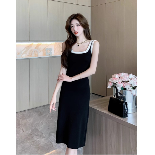 Xiaoxiangfeng sleeveless knitted dress 2024 summer women's thin mid-length slim black camisole dress