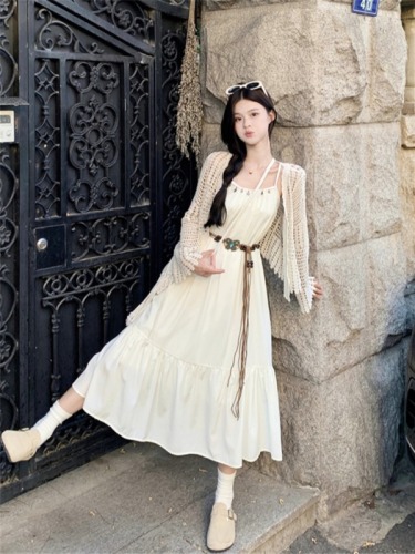 Summer super fairy loose suspender long skirt holiday style dress for women + lace hollow sun protection cardigan