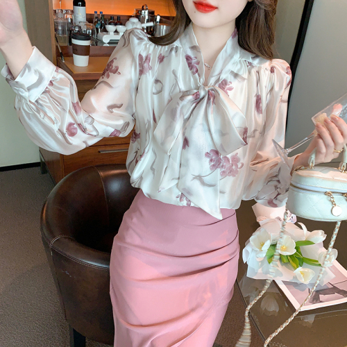 Already shipped, real shot 2024 autumn new style gentle and elegant bow tie shirt top French chiffon shirt