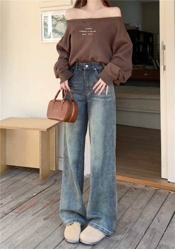 Real shot!  Retro distressed jeans for women, Korean version, loose, leg-lengthening, high-waisted straight floor-length trousers