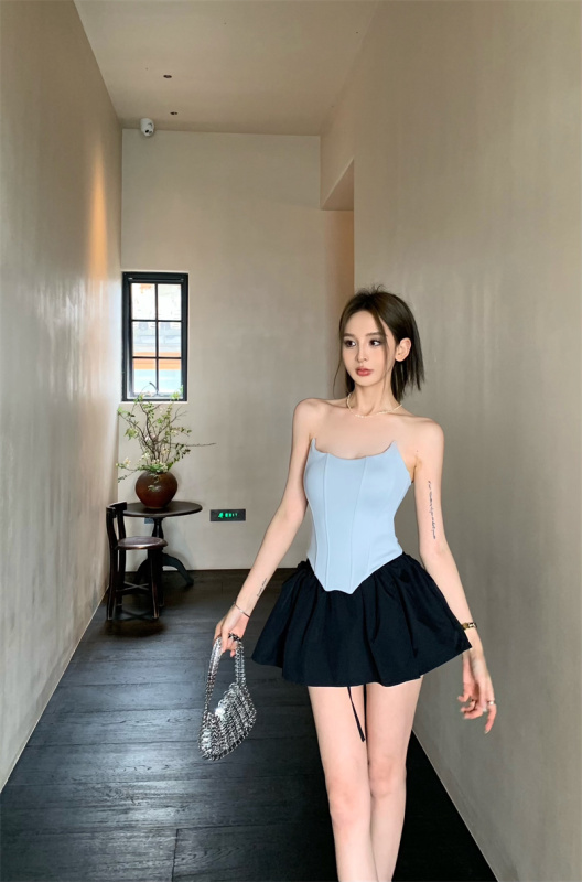 Real photos and real prices. Designed retro temperament hot girl slimming tube top top + high waist pants skirt