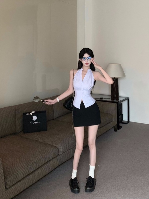 Pure Desire Sleeveless Lapel Halter Shirt Women's Summer Slim Low Waist Skirt Suit