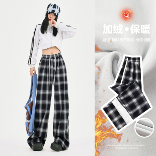 Real shot single pants with velvet and black and white checkered autumn and winter drawstring elastic waist loose straight casual wide leg pants