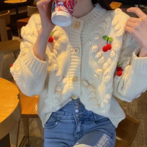 Celebrities' Same Style Cloud Season Cherry Retro Knitted Cardigan Women's Loose Lazy Sweater Jacket