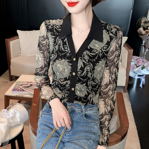 Real shot 2024 lace shirt/chiffon shirt commuting super slim long-sleeved suit collar single-breasted spring and autumn new style