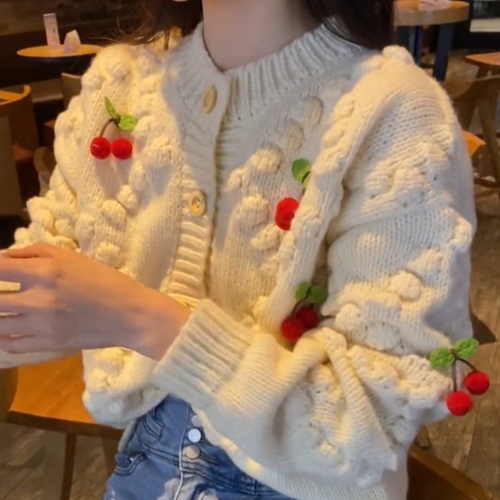 Celebrities' Same Style Cloud Season Cherry Retro Knitted Cardigan Women's Loose Lazy Sweater Jacket