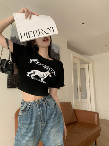 Real shot of dog print short-sleeved T-strap design Korean style hot girl short slimming top