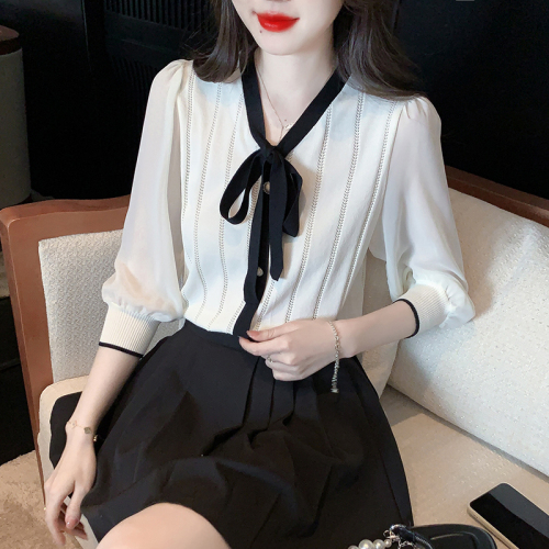 Actual shot of 2024 new style small fragrant sweater sweater bow temperament bottoming shirt top for women