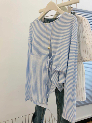 Blue striped girls long-sleeved T-shirt tops for women summer casual versatile thin loose lazy sunscreen ins blouse