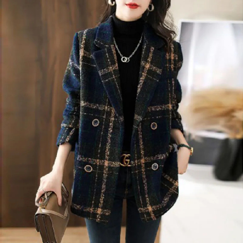 Plus size women's 2024 autumn and winter new fashion Korean style slimming retro plaid splicing fur coat