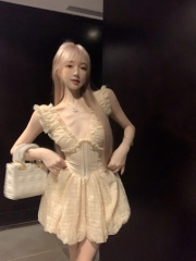 Real shot, real price, fairy-like elastic knitted deep V-neck beautiful back flower dress, tutu skirt, summer skirt