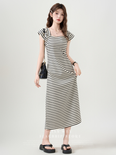 Striped square collar contrasting color strap short-sleeved dress for women 2024 summer new style waist design temperament mid-length skirt