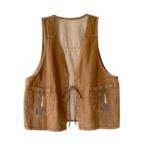 Not less than 99 real shot Japanese retro design strap embroidered loose vest