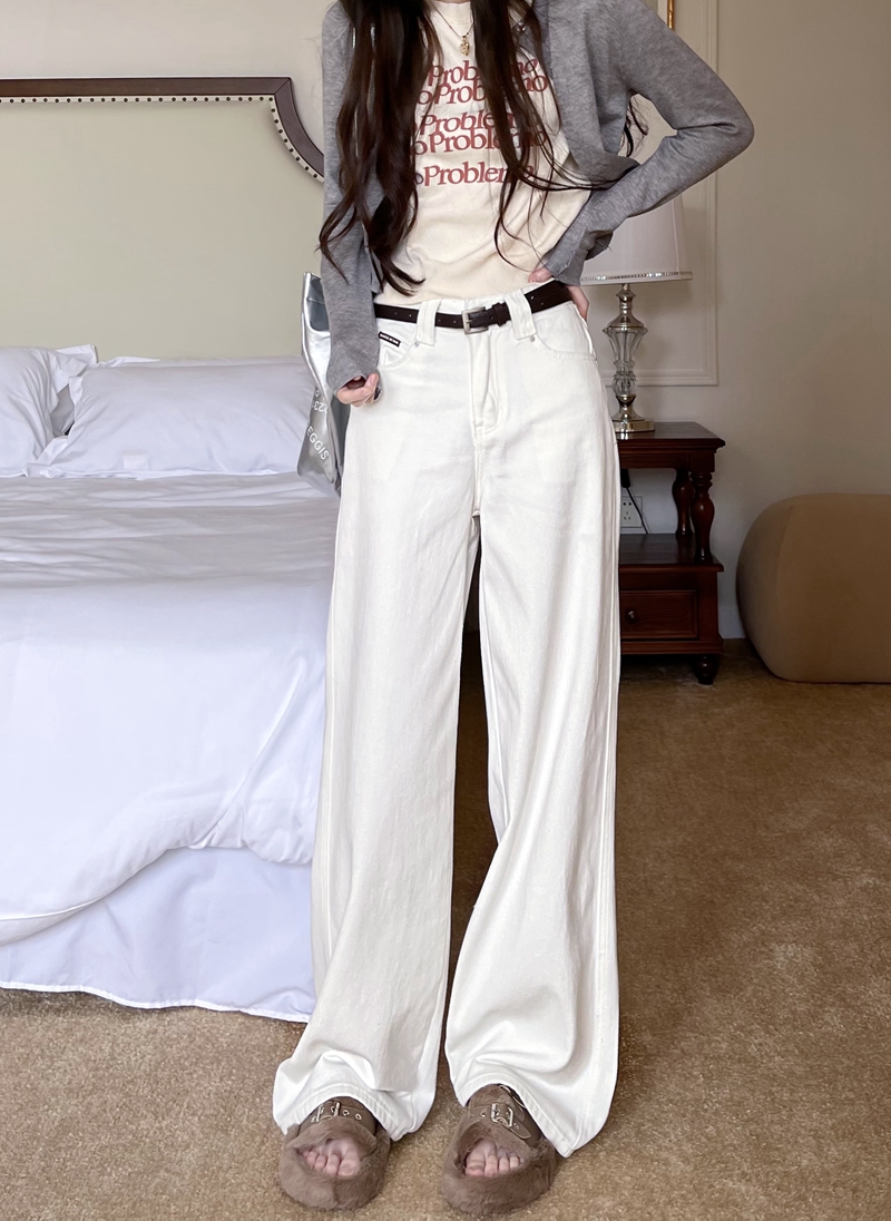 實拍#白色直筒牛仔長褲女設計感小個子高腰窄版闊腿拖地褲子