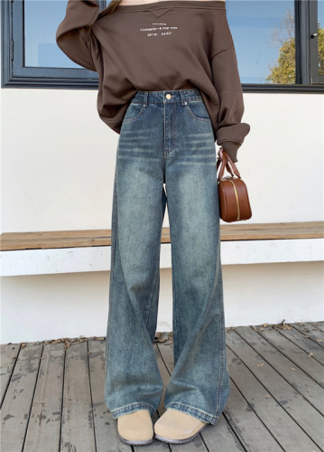 Real shot!  Retro distressed jeans for women, Korean version, loose, leg-lengthening, high-waisted straight floor-length trousers