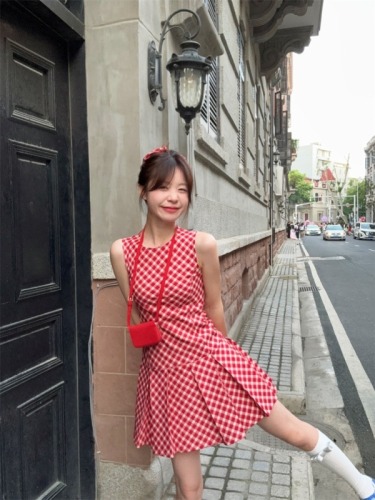 Sweet and Spicy Strawberry Red and White Checkered A-Line Sleeveless Dress + Two-piece Set with Headband