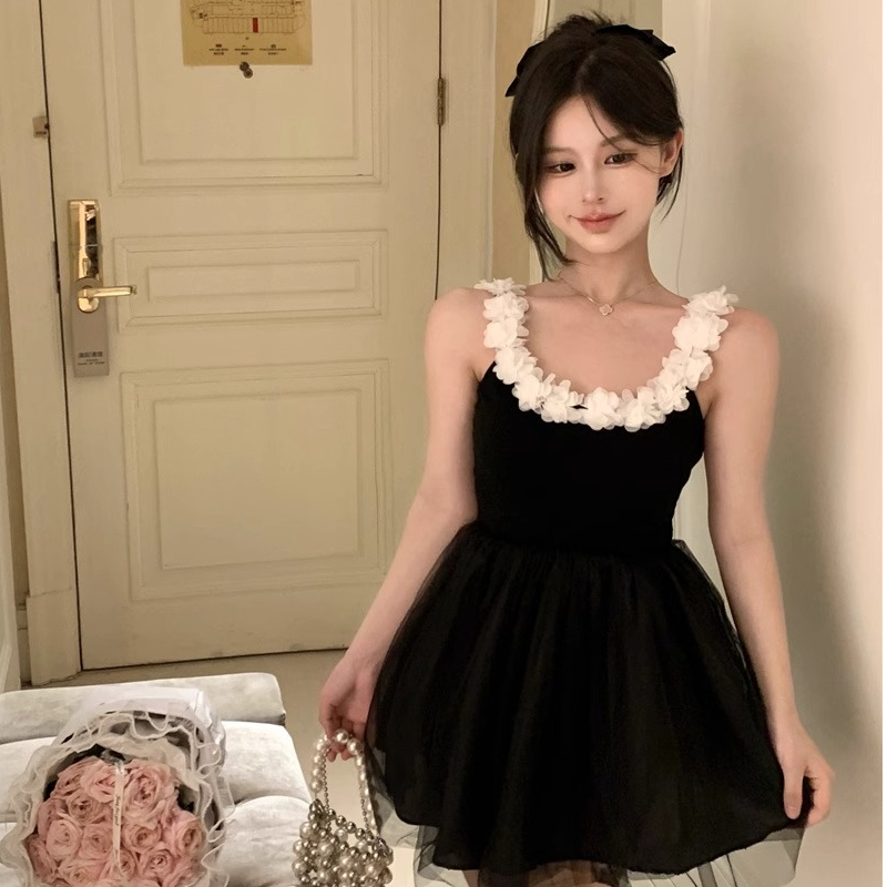 Women's summer one-piece small chest push-up underwire ballet style black suspender French high-end feel