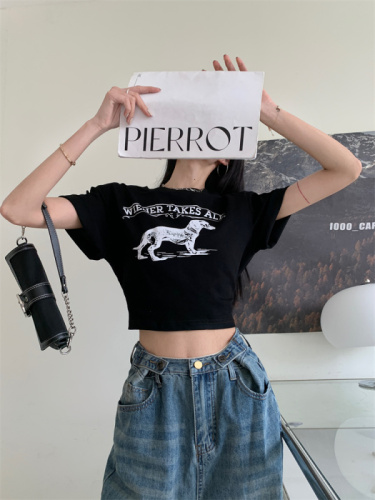 Real shot of dog print short-sleeved T-strap design Korean style hot girl short slimming top