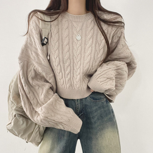 Large size original Korean style ins lazy style loose solid color long-sleeved twist sweater round neck twist knitted sweater top