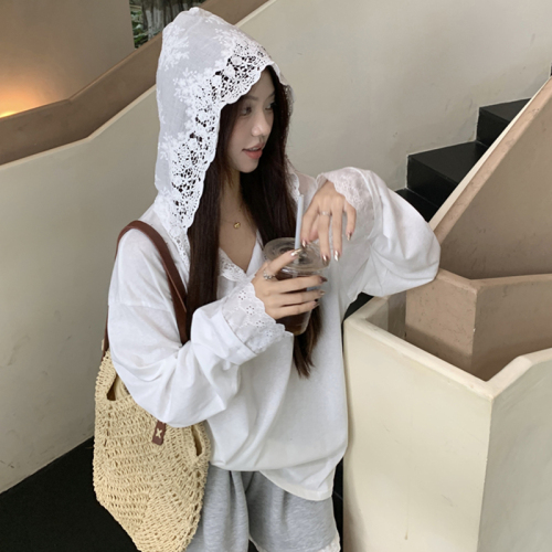 Thin sun protection top, summer crocheted lace stitching hooded T-shirt for women, casual, loose, slim and versatile