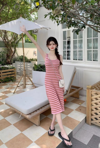 Knitted Striped Sleeveless Dress Women's 2024 Summer New Style Over-the-Knee Vest Skirt Loose Slim Long Skirt