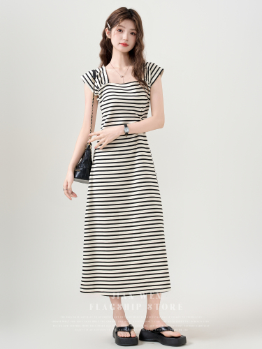 Striped square collar contrasting color strap short-sleeved dress for women 2024 summer new style waist design temperament mid-length skirt