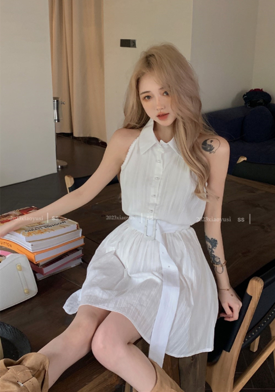 Summer retro sexy sleeveless vest dress women's waist shirt puffy A-line skirt with belt