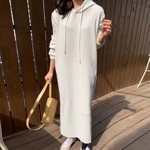 Korean chic niche drawstring hooded pullover loose casual long side slit dress for women