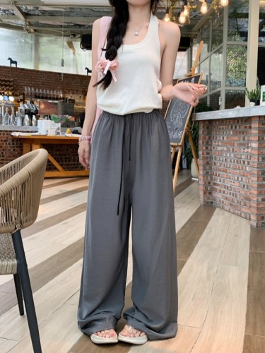 Lazy Style Drawstring Casual Pants Women's Summer Ice Silk Pants Wide Leg Pants Loose Draping Floor-Mopping Pants